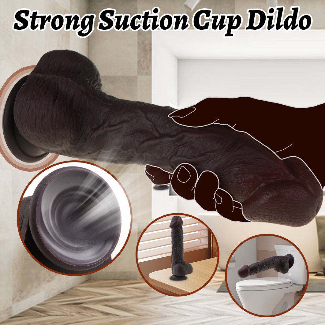 Hipgaga Dark Brown Realistic Liquid Silicone Dildo – Dual Density Male Sex Toy with Soft Skin Texture, Firm Core & Easy Cleaning