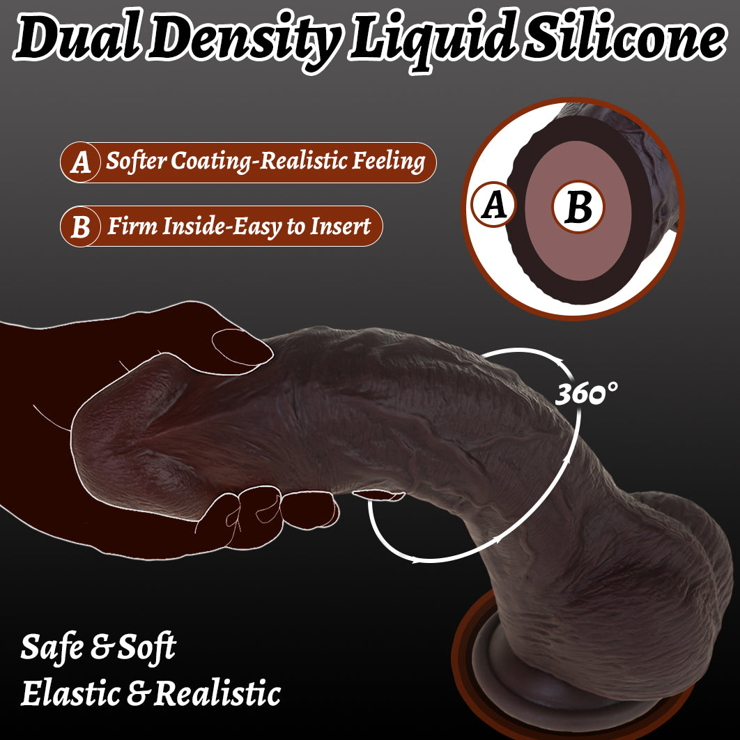 Hipgaga Dark Brown Realistic Liquid Silicone Dildo – Dual Density Male Sex Toy with Soft Skin Texture, Firm Core & Easy Cleaning